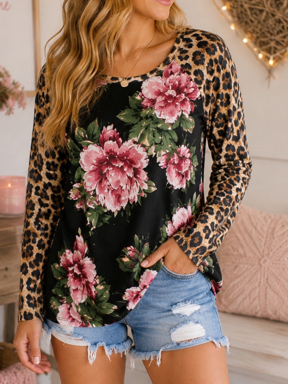 A.gain boutique Leopard Pink Floral Baseball Style Raglan Shirt Size Medium NWT
